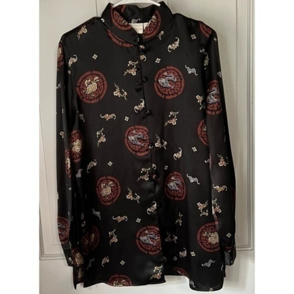 Christie & Jill Vintage Black Dragon Floral Asian Print Button Front Blouse L